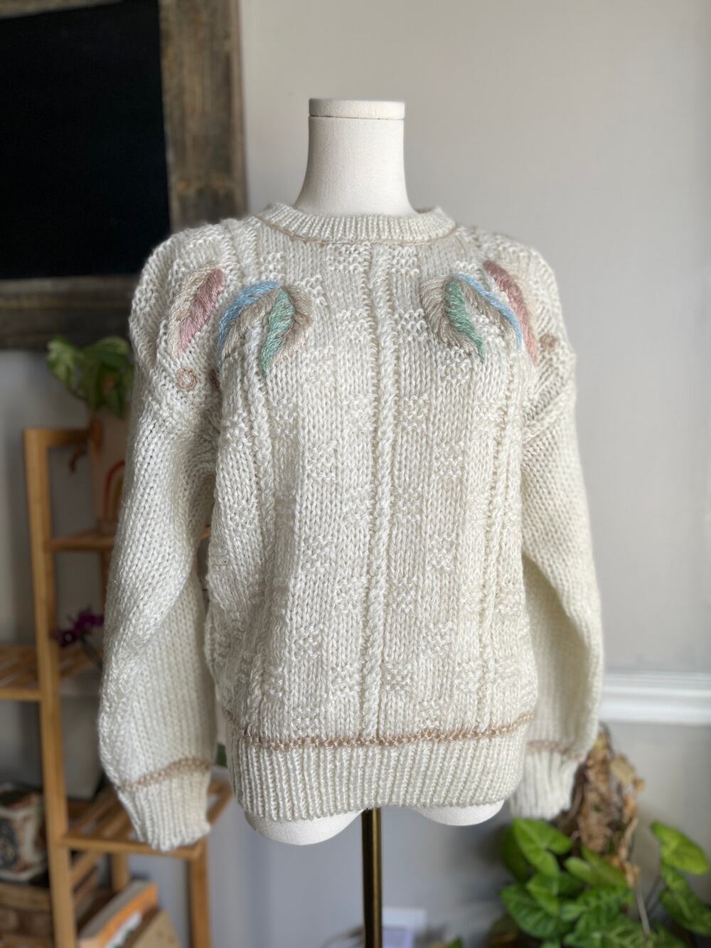 Vintage 80s Feather Sweater Creamy White Chunky Knit Bohemian Size Large